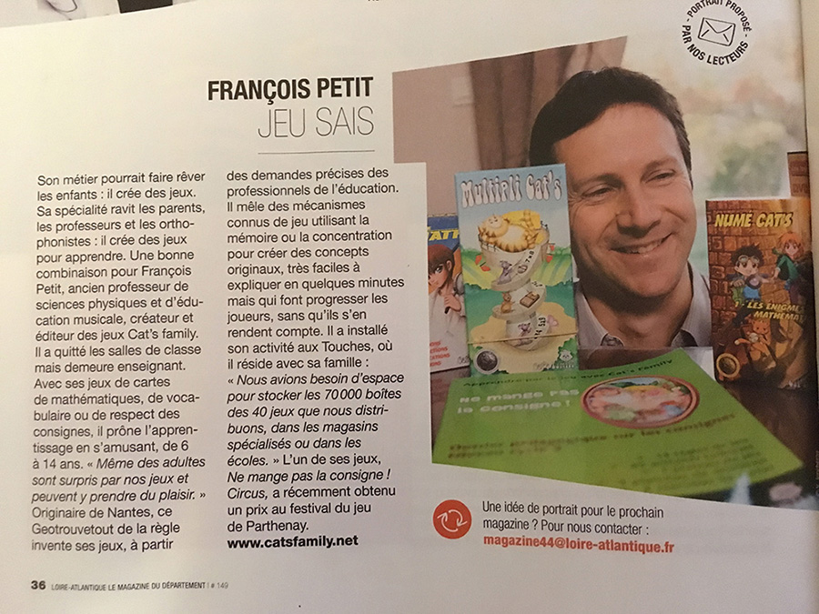 Fran�ois Petit dans le journal de Loire-Atlantique, pr�sentant ses jeux jeux de cartes �ducatifs en fran�ais et math�matiques